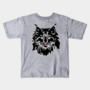 figuration cat Maine Coon in white on black background Kids T-Shirt